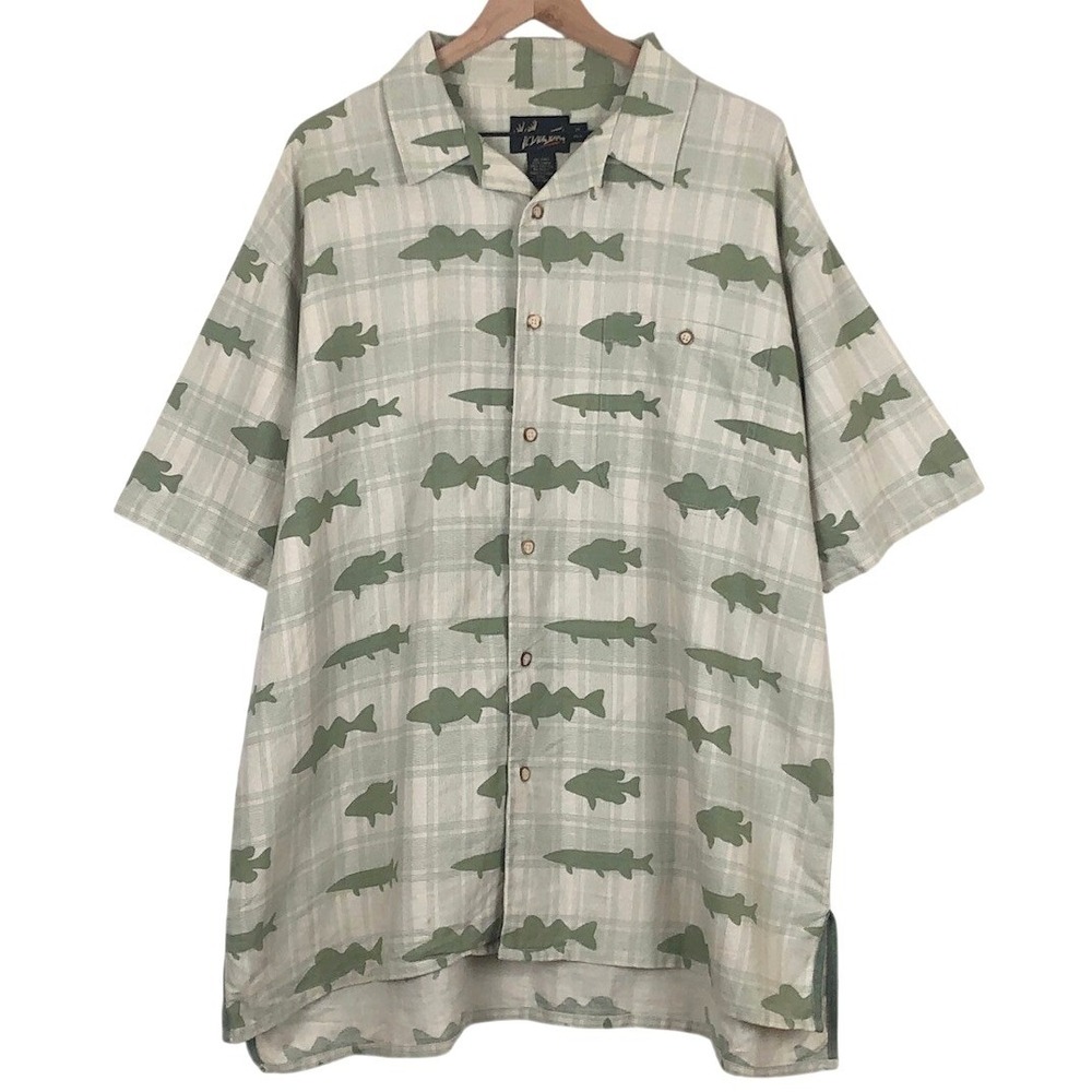DICK IDOL Linen Cotton Fish Print Camp Shirt Men's XL Ivory Green S/S Button Up